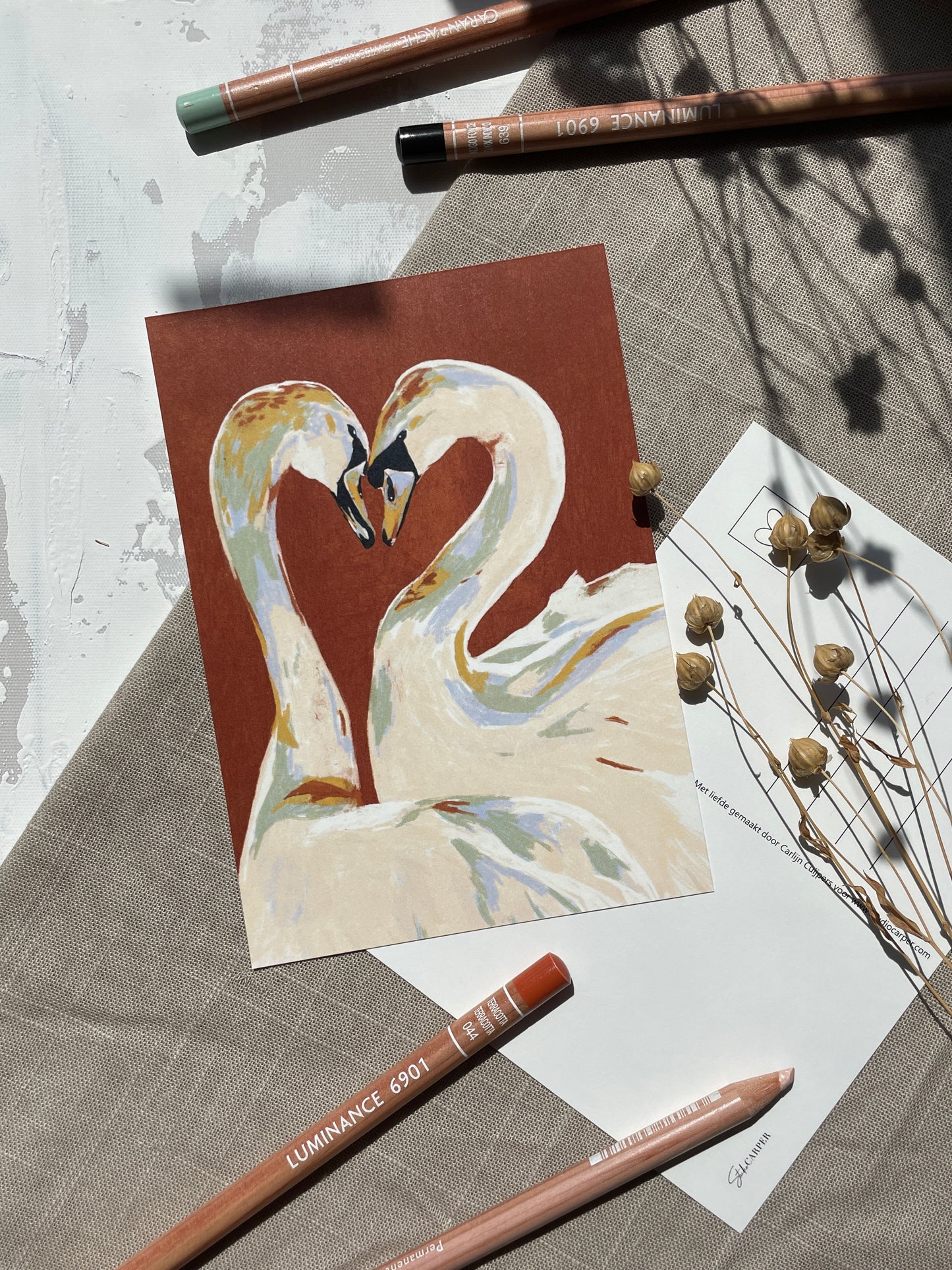 Liefdes Zwanen op ansichtkaart. Valentijnskaart in de kaartenset Birds. De kaartenset bestaat uit zes ansichtkaarten uit de collectie Birds van Studio Carper.
